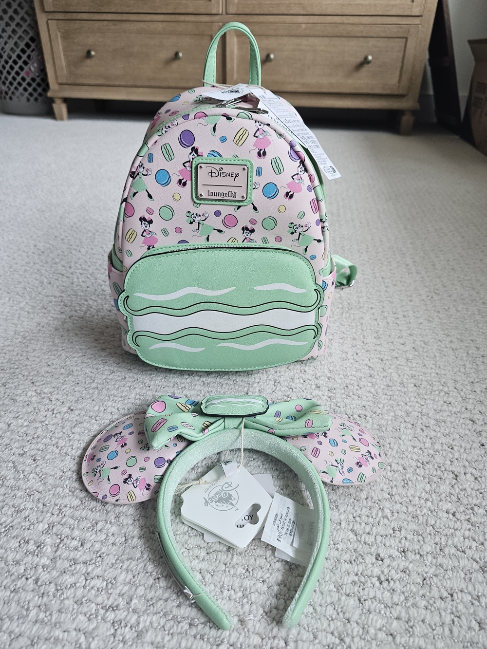 Rare Loungefly Macaron Print Pink & Mint Mini Backpack with Ears Headband